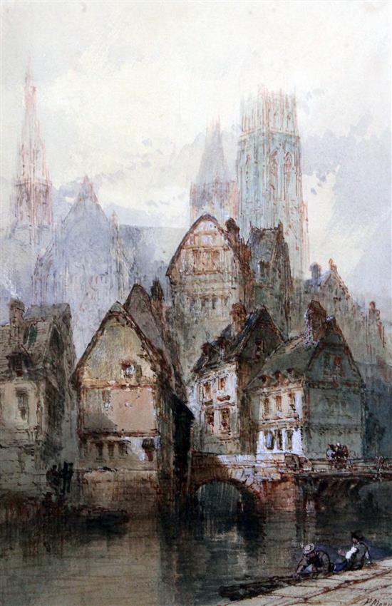 Paul Marny (1829-1914) Amiens Cathedral from the River Oise, 17.5 x 12in.